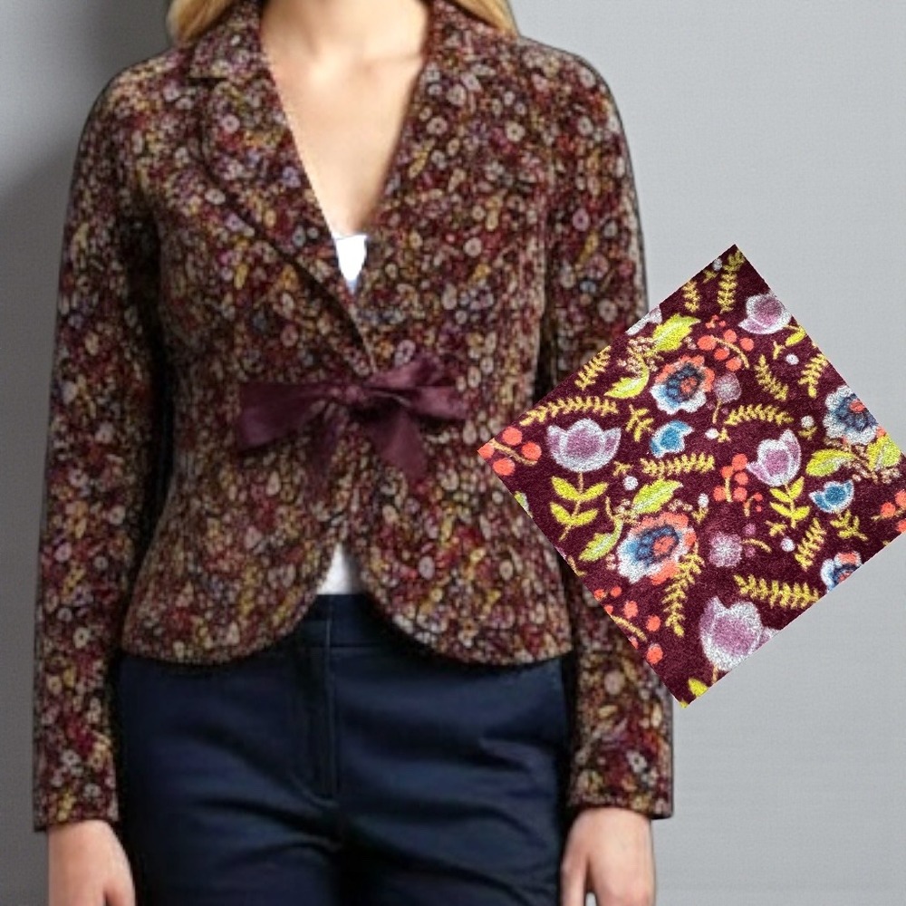 Free People | Romantic Boho Rich Burgundy Floral Velvet Blazer w/ Bowtie Size 6